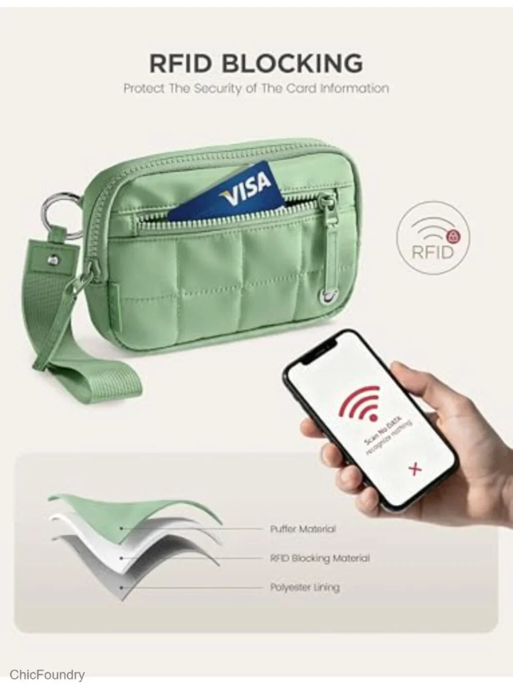 RFID Blocking Quilted Wristlet Wallet with Zipper, Card Holder for Travel &